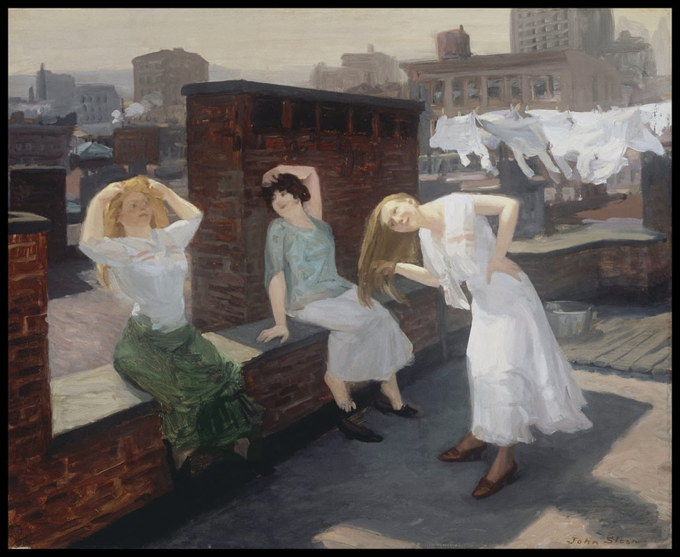 Three young women on a tenement roof drying their hair in the sun