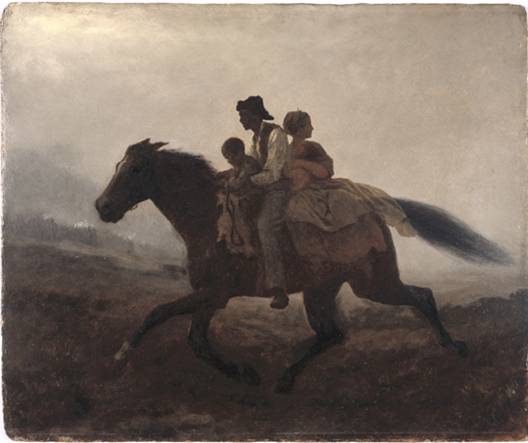 A family of slaves riding a galloping horse